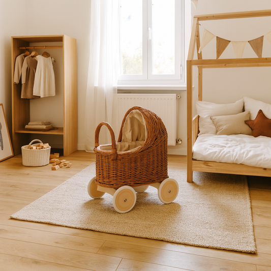 Wicker Doll Pram - Natural – Beige Bedding