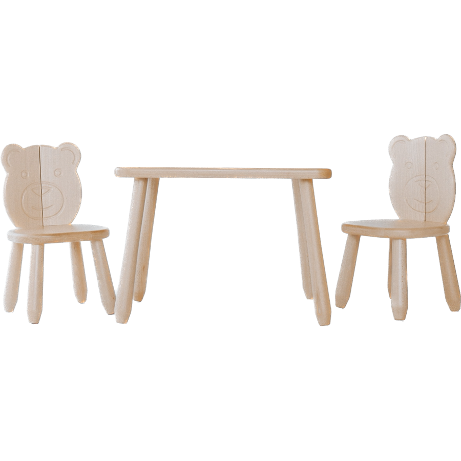 Kids Bear Chair & Table Set in Solid Beech Wood - Natural