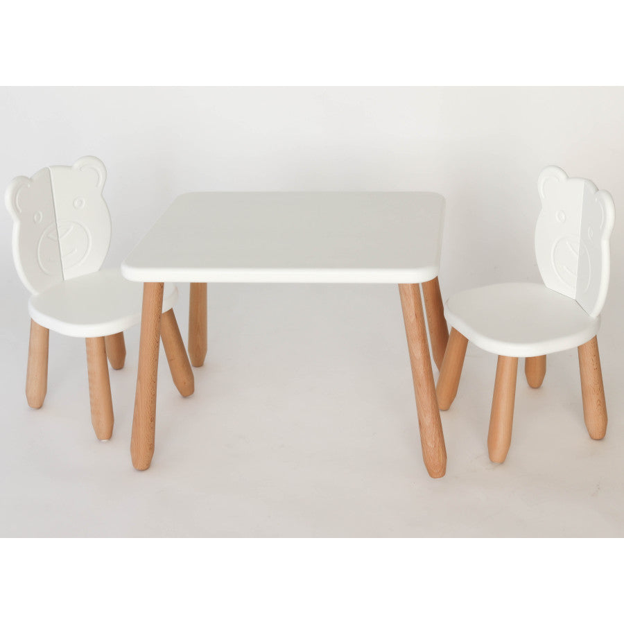 Kids Bear Chair & Table Set in Solid Beech Wood - White