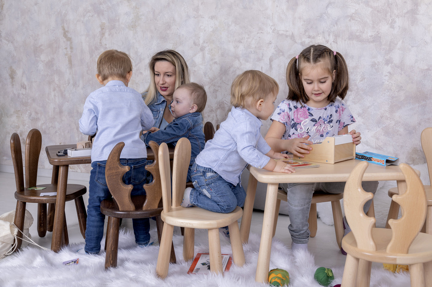 Kids Bear Chair & Table Set in Solid Beech Wood - White