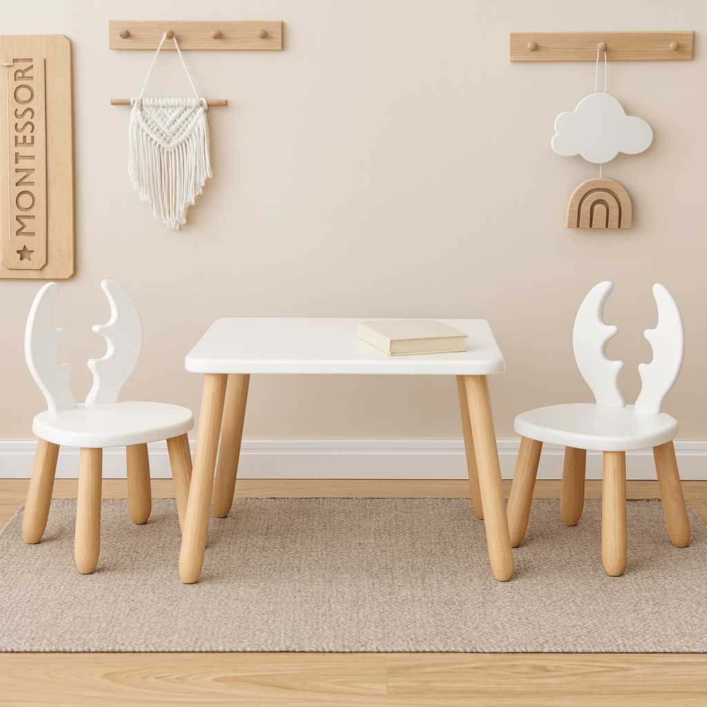 Kids Deer Chair & Table Set in Solid Beech Wood - White
