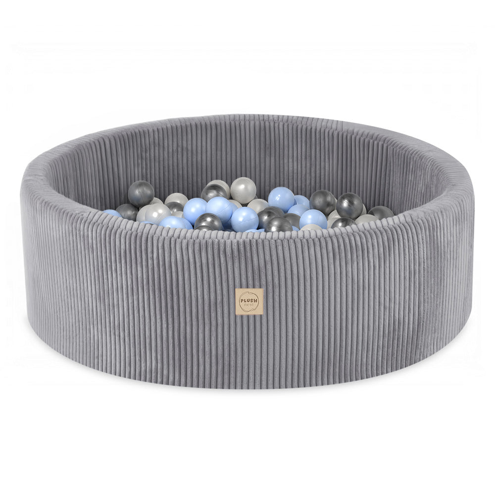 Piscine à balles pour enfants – Grise, ronde, velours côtelé, 90 x 30 cm, 200 balles incluses