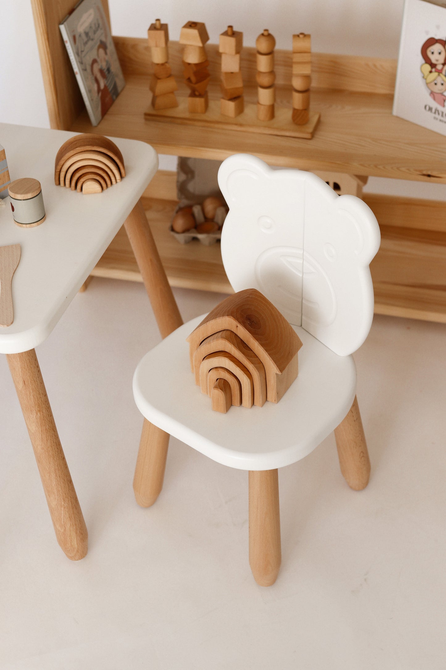 Kids Bear Chair & Table Set in Solid Beech Wood - White