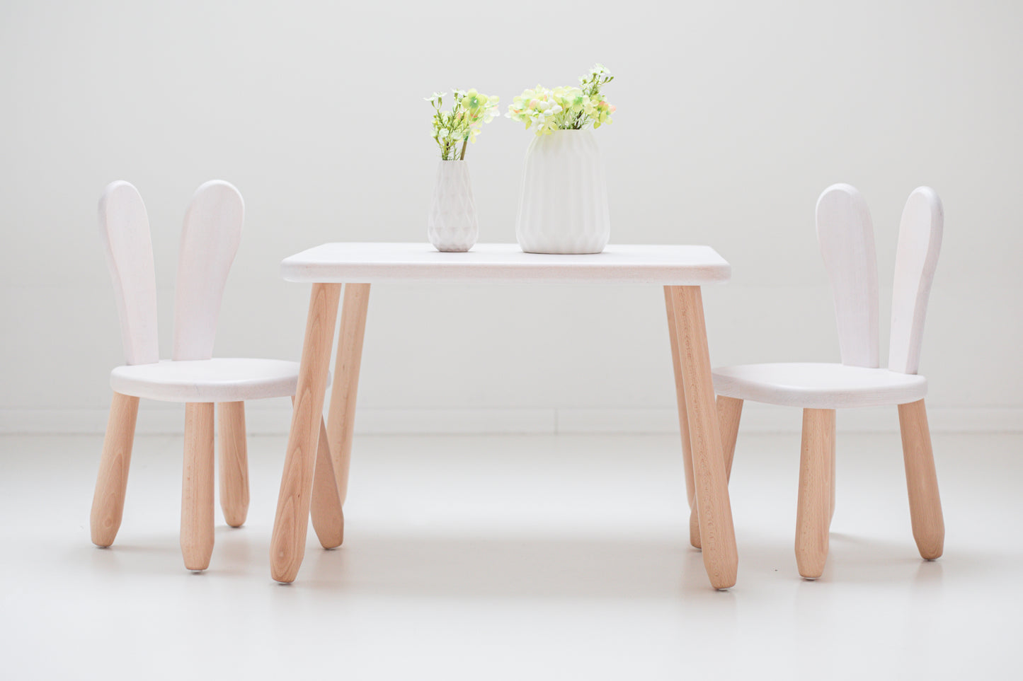 Kids Bunny Chair & Table Set in Solid Beech Wood - White + Natural