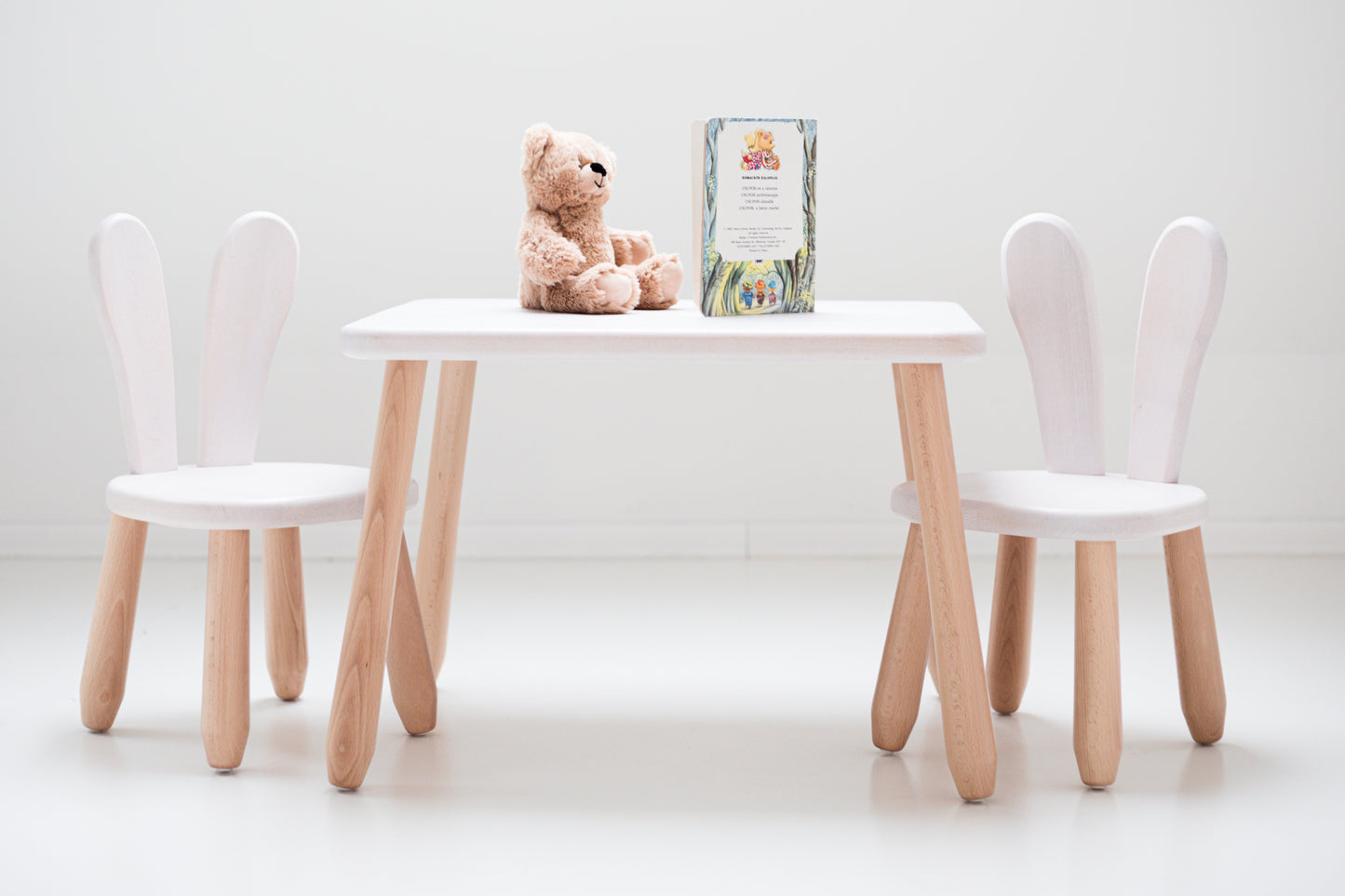 Kids Bunny Chair & Table Set in Solid Beech Wood - White + Natural