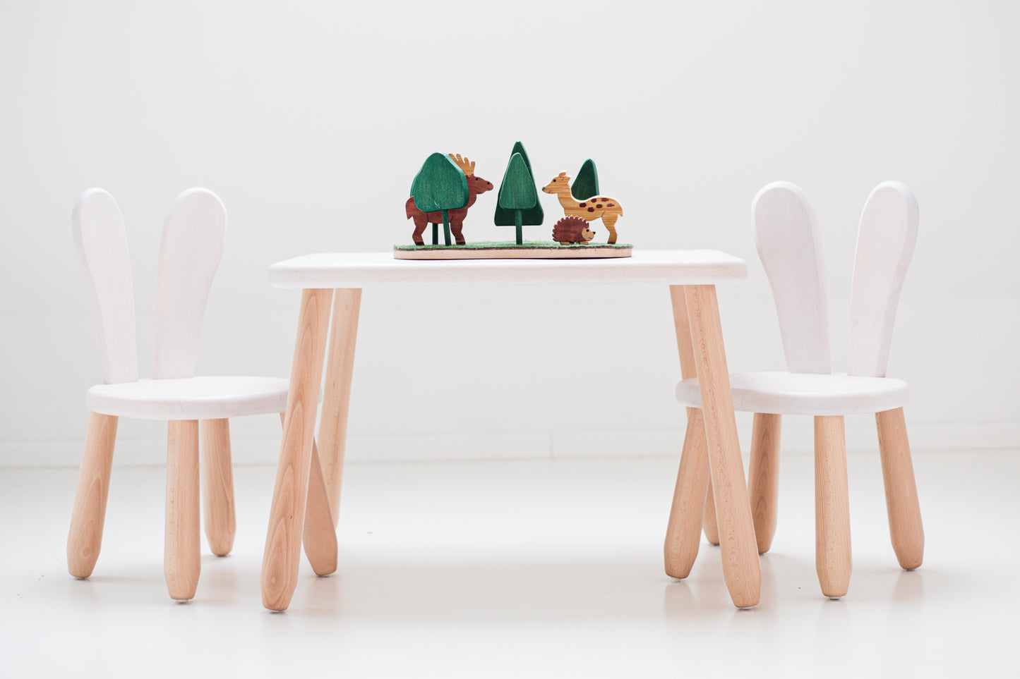 Kids Bunny Chair & Table Set in Solid Beech Wood - White + Natural