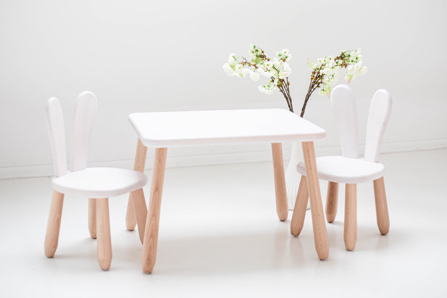 Kids Bunny Chair & Table Set in Solid Beech Wood - White + Natural
