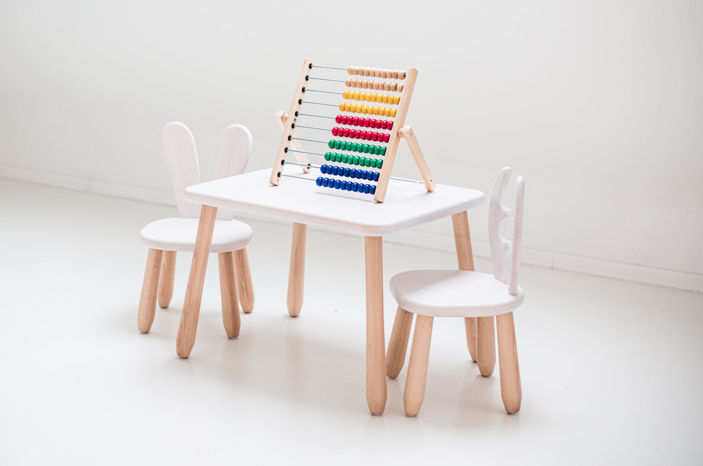 Kids Bunny Chair & Table Set in Solid Beech Wood - White + Natural