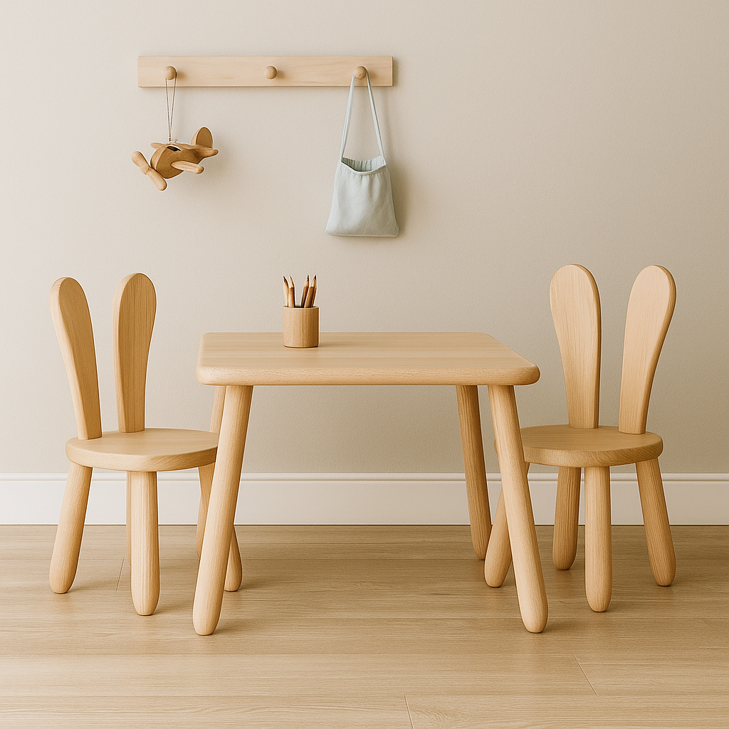 Kids Bunny Chair & Table Set in Solid Beech Wood - Natural