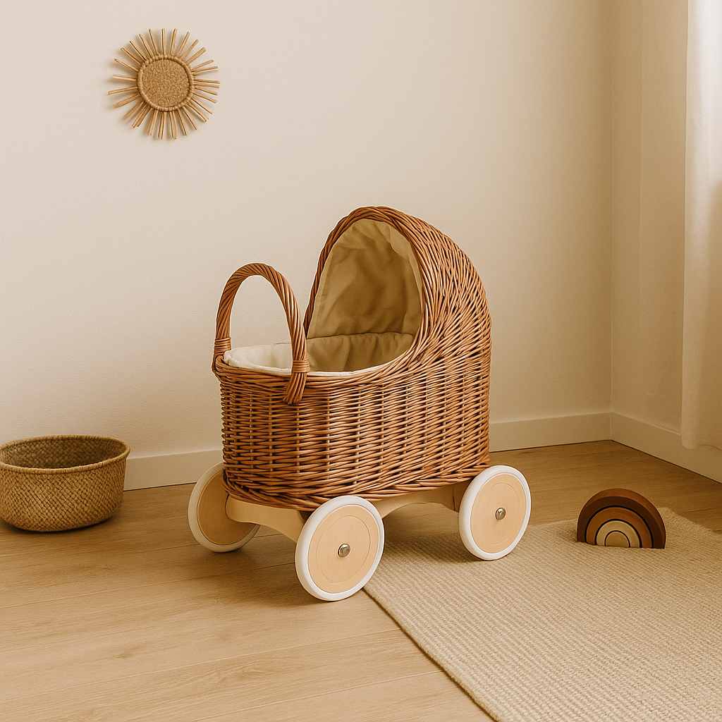 Wicker Doll Pram - Natural  – Beige Bedding