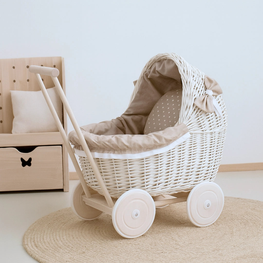 Wicker Doll Pram - Whitewashed  – Beige Bedding