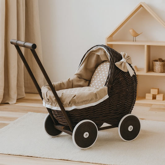 Wicker Doll Pram - Dark Painted  – Beige Bedding