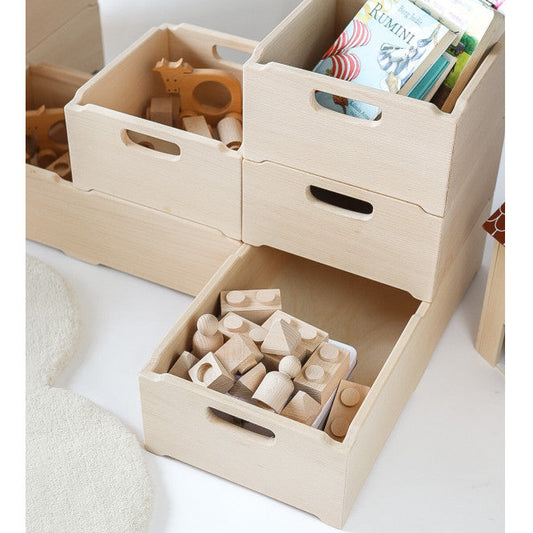 Stackable wooden storage box made of solid beech wood