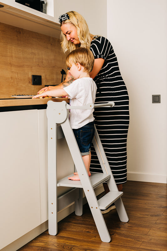 Foldable Kitchen Learning Tower - Removable Rail - Teddy Multicolor