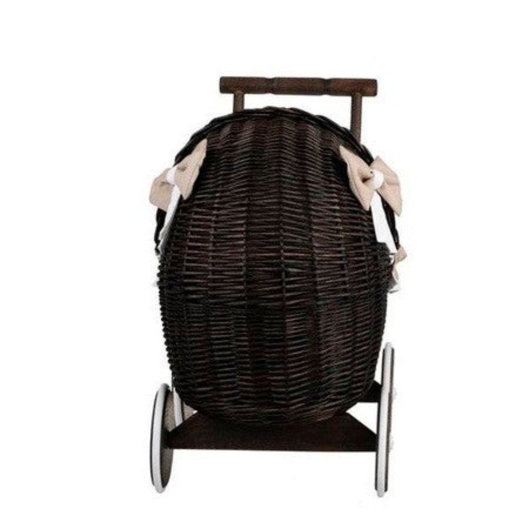 Dark Painted Wicker Doll Pram – Beige Bedding