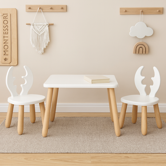 Kids Deer Chair & Table Set in Solid Beech Wood - White