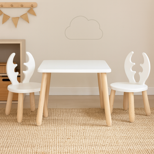 Kids Deer Chair & Table Set in Solid Beech Wood - White
