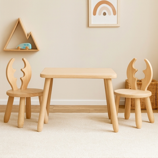 Kids Deer Chair & Table Set in Solid Beech Wood - Natural