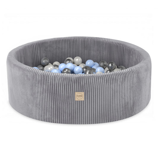 Piscine à balles pour enfants – Grise, ronde, velours côtelé, 90 x 30 cm, 200 balles incluses