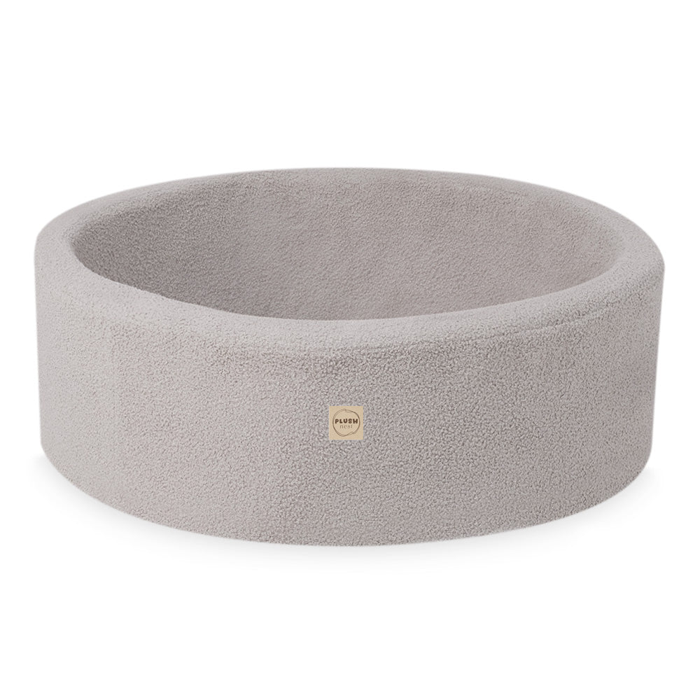 Piscina de Bolas para Niños – Gris, Redonda, Tejido Teddy Fleece, 90×30 cm, 200 Bolas Incluidas