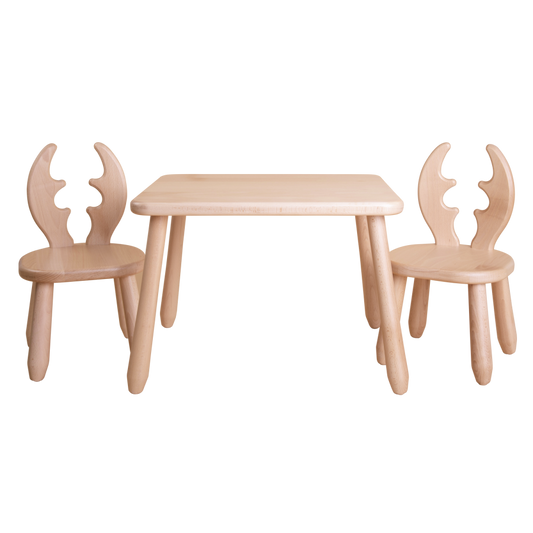 Kids Deer Chair & Table Set in Solid Beech Wood - Natural