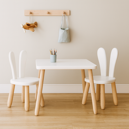 Kids Bunny Chair & Table Set in Solid Beech Wood - White + Natural