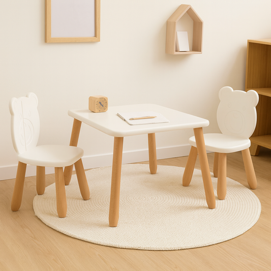 Kids Bear Chair & Table Set in Solid Beech Wood - White