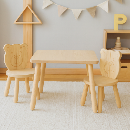 Kids Bear Chair & Table Set in Solid Beech Wood - Natural