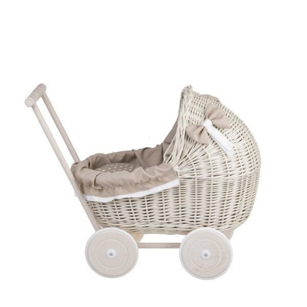 Whitewashed Wicker Doll Pram – Beige Bedding